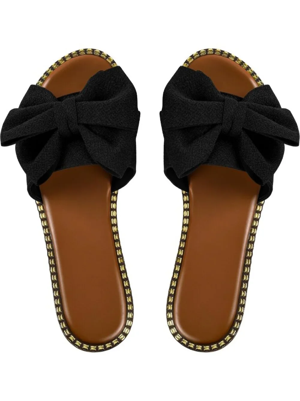Women's Black Leather Bow Knot Slides Open Toe Flat Summer Slip On Sandals